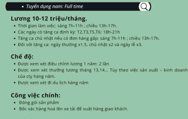 TUYỂN 8 LAO ĐỘNG PHỔ THÔNG - LÀM VIỆC TẠI CỦ CHI